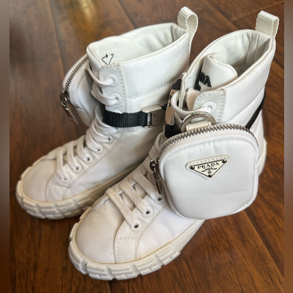 Prada Nylon Zip-Pouch High Top Sneakers White 6.5 5.5